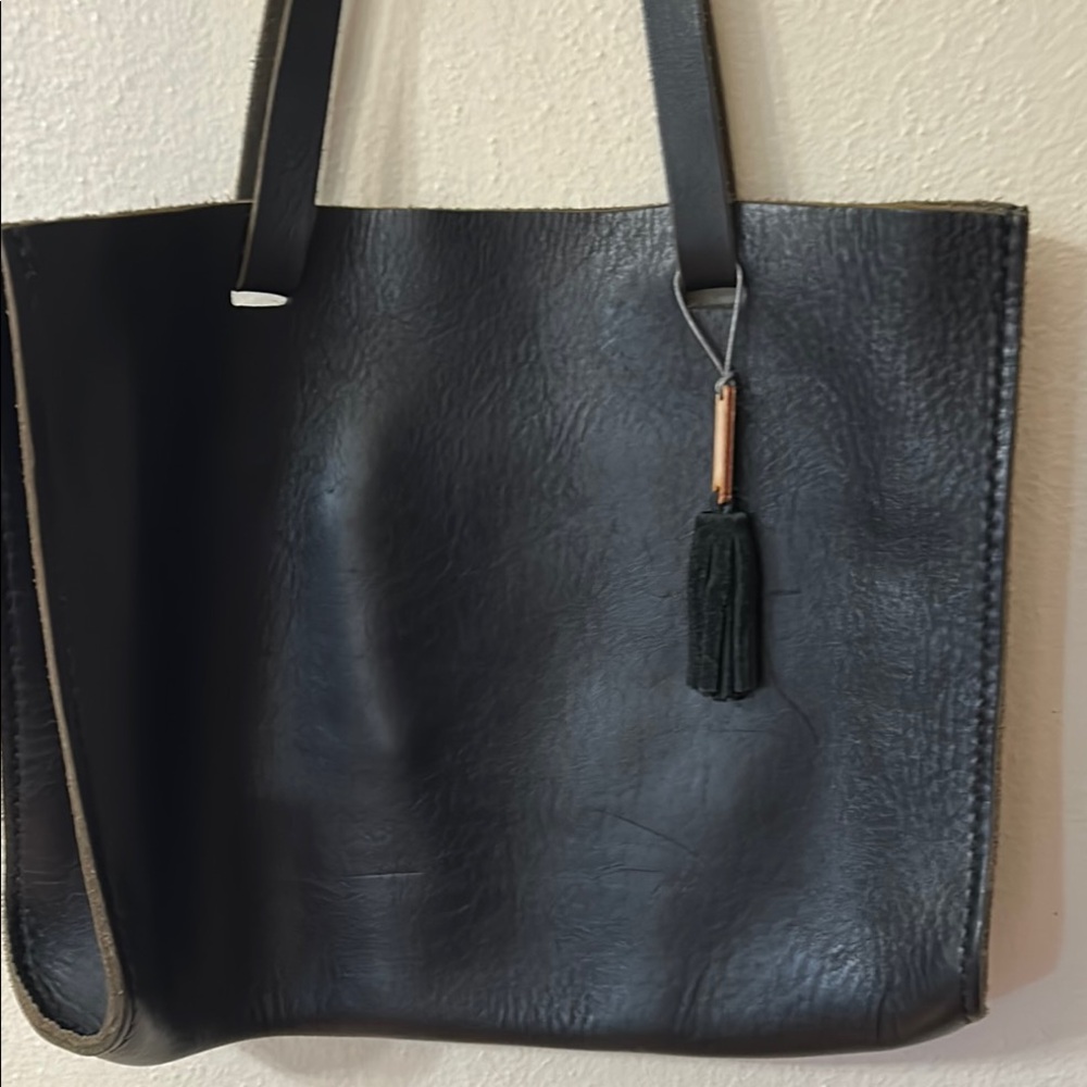Black Full Grain Leather Tote with Tassel Detail